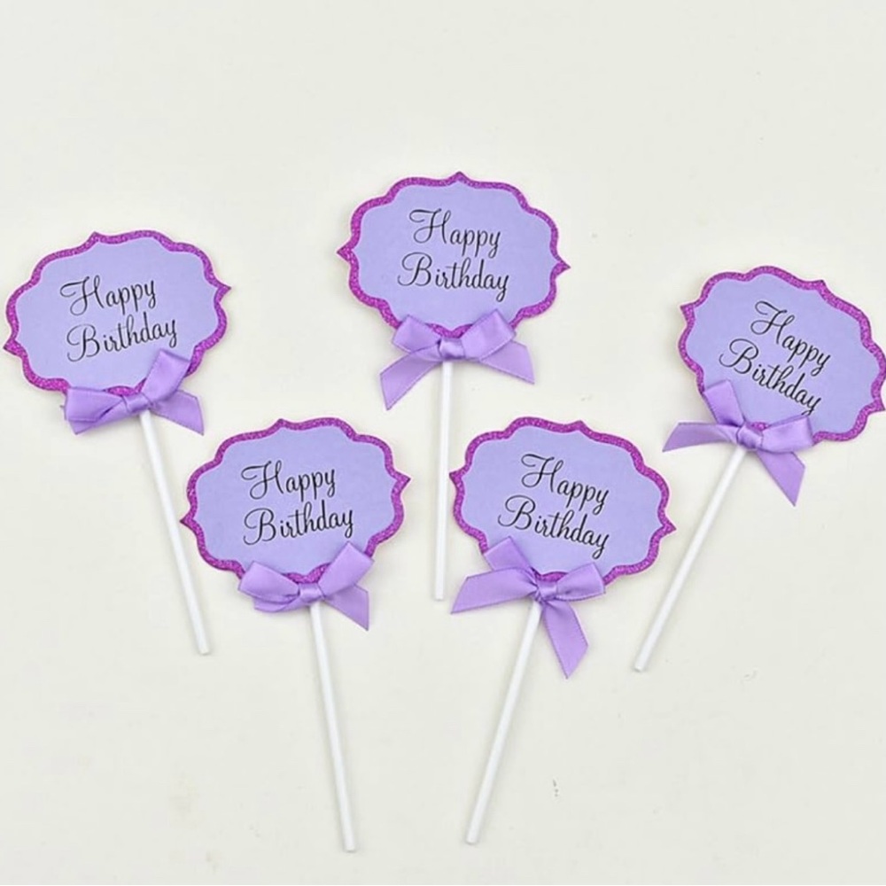 💞 New Pack of 10 Lavender & Purple Glitter Happy Birthday Cupcake & Cake Toppers